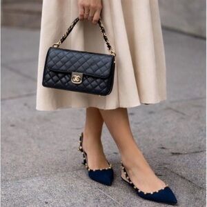 Valentino Garavani Rockstud Slingback Flats Navy Gold Suede Pointed Toe 7.5 EUC